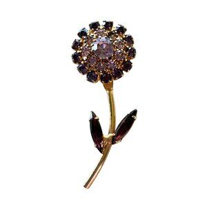 Vintage 70s Gold Tone Purple Rhinestone Flower Brooch Pin MCM Floral Retro Glam